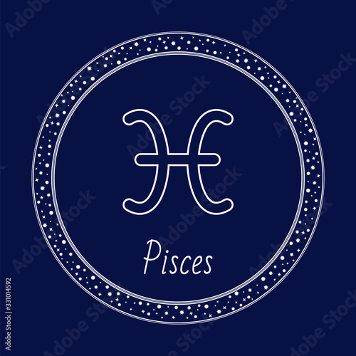 Pisces astrology zodiac sign isolated on blue in circle with stars. Vector pisces constellation on dark sky background, fish horoscope symbol. Prediction of fortune, astrological outline sign