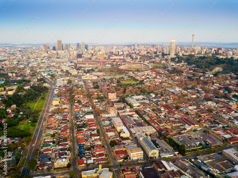 Naklejka premium Aerial view of downtown of Johannesburg, South Africa