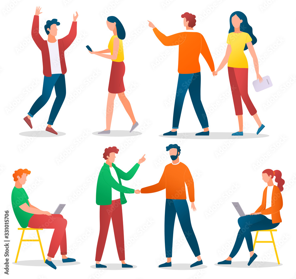 Fototapeta premium Collection of businesspeople and friends. Set of personages shaking hand. Woman and man using laptop working on freelance. Male and female with mobile phone discussing problems, vector in flat