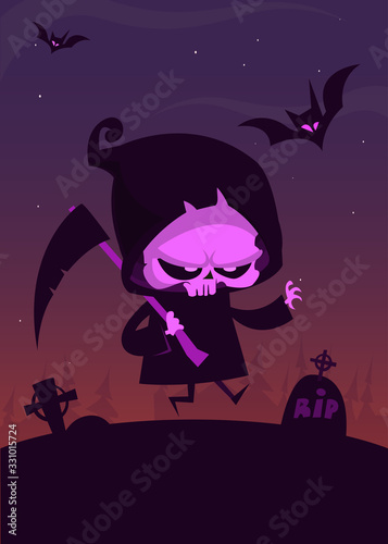 Cute cartoon grim reaper. Halloween vector illustration