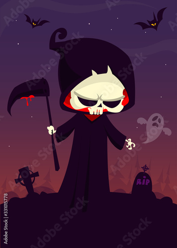 Cute cartoon grim reaper. Halloween vector illustration
