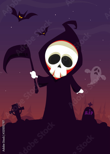 Cute cartoon grim reaper. Halloween vector illustration