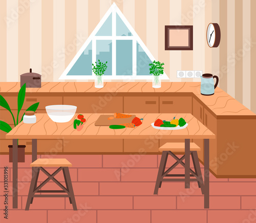 Cozy kitchen interior, furnishing for room. Wooden table . Desk with plates and products on it. Fresh vegetables as peppers and carrot on surface. Vector illustration of cooking process in flat style