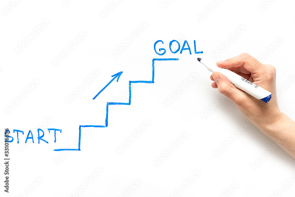 Image of stairs and steps as a business concept of achieving a goal. Drawn with a blue marker on a white board. Image of stairs and steps as a business concept of achieving a goal. Drawn with a blue marker on a white board.
