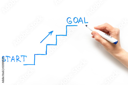 Image of stairs and steps as a business concept of achieving a goal. Drawn with a blue marker on a white board. photo