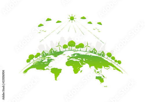 Eco friendly with green city on earth, World environment day and sustainable development concept, vector illustration