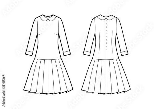 Dress with pleated skirt  buttons in back view  vector fashion illustration