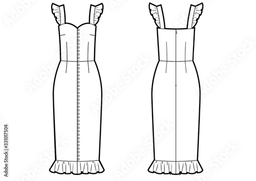 Summer dress, buttons in front view, vector fashion illustration