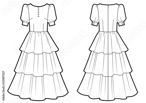 Summer romantic dress  buttons in front view  vector fashion illustration