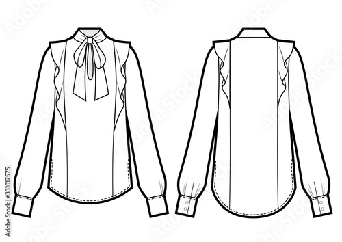 Vector illustration of women's tie neck blouse. Front and back