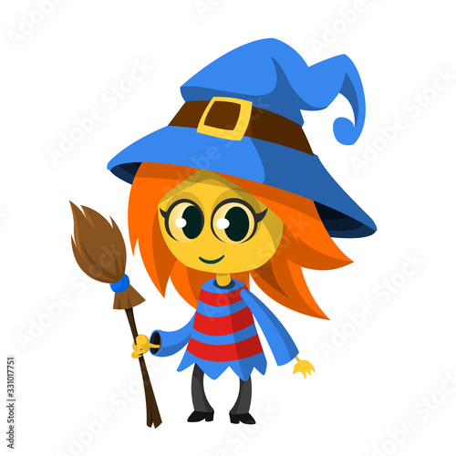 Cute cartoon witch. Vector illustration of Halloween witch with a broom.