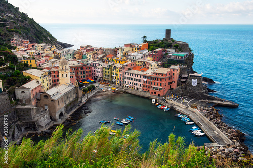 Summer view of Vernazza village - one of five famous villages in Cinque Terre National Park  Liguria region  Italy. Landscape photography