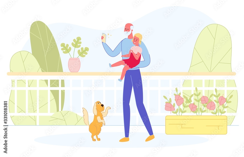 Grandfather Take Selfie with Granddaughter, Vector Grandfather Take Selfie with Granddaughter, Vector