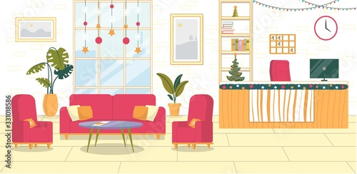 Base New Year Lobby Interior in Hotel or Hostel.