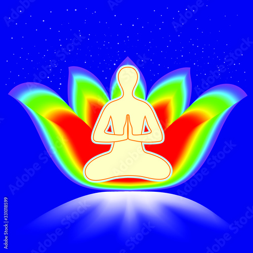 Aura. Meditation sitting in the Lotus position , healthy lifestyle, relaxation, emotional balance, harmony with nature . Vector Illustration