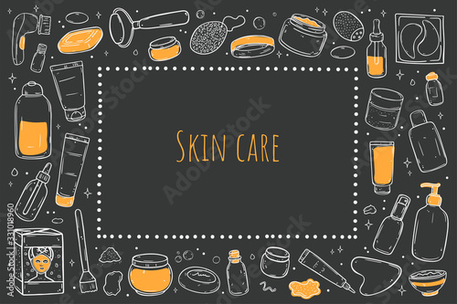 A set of items for skin care. Rectangle frame.