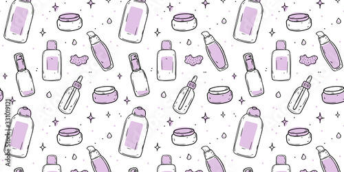 Seamless pattern with illustrations of different types of skin care products.