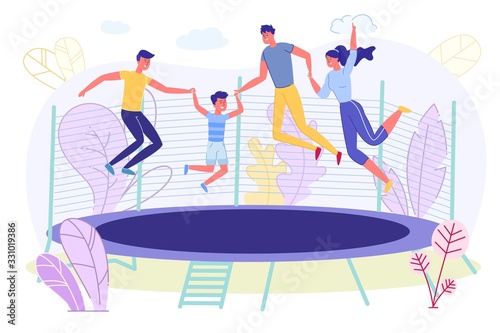 Happy Family Jumping on Trampoline Rest Together