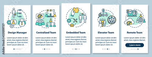 Teamwork types onboarding mobile app page screen with concepts. Collaborative work on project walkthrough 5 steps graphic instructions. UI vector template with RGB color illustrations © bsd studio