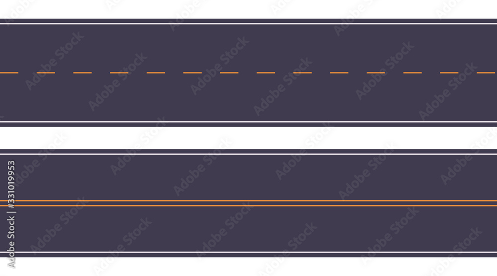 Set asphalt road texture with white stripes at the edges and yellow dashed stripe line in the middle. Top view. Seamless pattern vector illustration on a white background. Set asphalt road texture with white stripes at the edges and yellow dashed stripe line in the middle. Top view. Seamless pattern vector illustration on a white background.