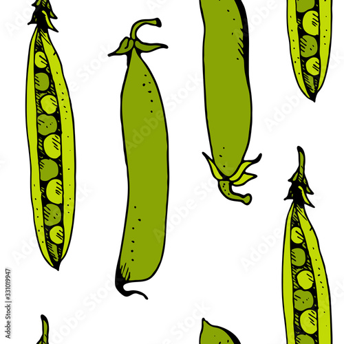 Green peas seamless pattern, hand drawn vector sketch isolated on white background