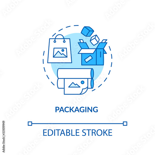 Package design studio concept icon. Gift wrap idea thin line illustration. Wrapping paper, bag and cardboard box manufacture. Vector isolated outline RGB color drawing. Editable stroke