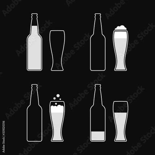 Set of contours of a beer glass bottle and mug containing liquid, foam, bubbles. Minimal menu style. Flat design.