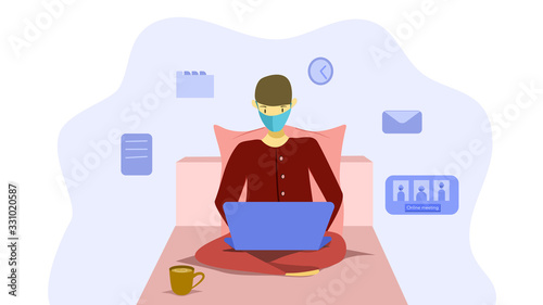 Self- quarantine concept : Work from home, A man working with his laptop on his bed wearing medical mask during quarantine, Prevent infection spreading. Vector illustration. Flat design