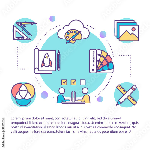 Design studio concept icon with text. Creative agency. Interior design project cooperation. PPT page vector template. Brochure, magazine, booklet design element with linear illustrations