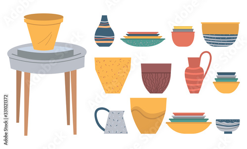 Pottery hobby vector, spinning table for sculptor isolated set of handmade products. Equipment for pots making, vase and jar with handle, mug cup