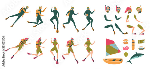 Character Element Man and Woman Scuba Diver.