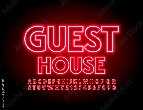 Vector red neon emblem Guest House with electric Font. Glowing Alphabet Letters and Numbers