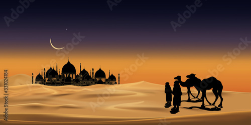 Vector illustration group of Arab people with camels caravan riding in realistic desert sands  Caravan Muslim ride camel to mosque  Background for Ramadan Kareem