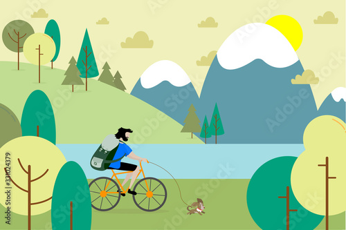 man with hiking backpack on bicycle with dog. Natural landscape, mountains, river, hills. Outdoor activities in country