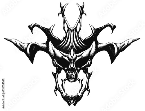 Skull of demon or devil, dark mask, terrible, gloomy symmetrical , with large, crooked, sharp horns and long fangs,  a wide open jaw, on a white background. Character horror, fallen angel.