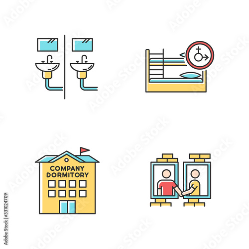 Company dormitory RGB color icons set. Communal bathroom. Mixed bedroom. Neighborhood. Shared room. Common space. Corporate living accommodation. Isolated vector illustrations