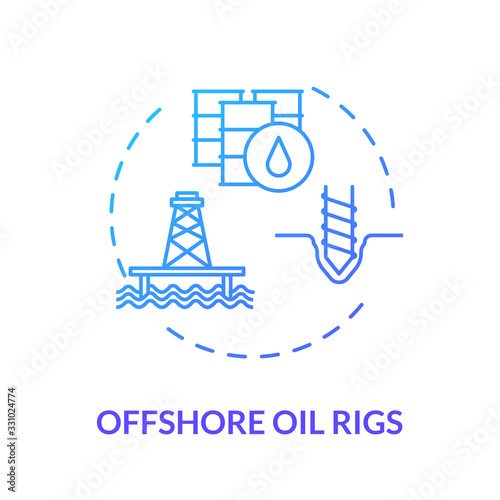 Offshore oil rigs blue concept icon. Industrial structure for fuel production. Petroleum extraction with drill idea thin line illustration. Vector isolated outline RGB color drawing