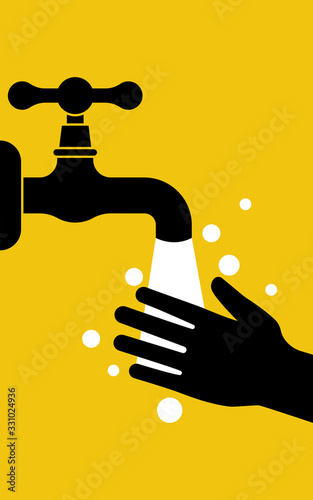 Landing page to wash hands black silhouette icon. Hands under the water tap. Vector illustration flat design. Warning banner template. Personal hygiene. Disinfection, skin care. Antibacterial washing.