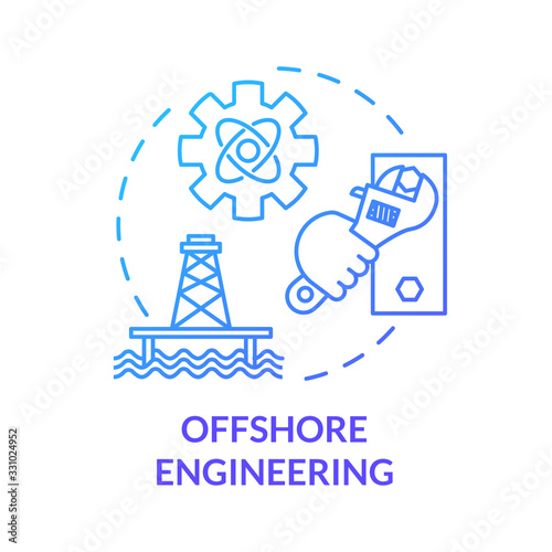 Offshore engineering blue concept icon. Oil rig maintenance work. Marine structure build. Water construction repair idea thin line illustration. Vector isolated outline RGB color drawing