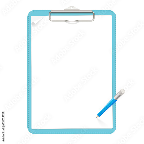 Light blue leather clipboard with a metal low-profile clip, holding two blank paper sheets with a little curl. Blue pencil with eraser is above clipboard. Realistic vector clipart.