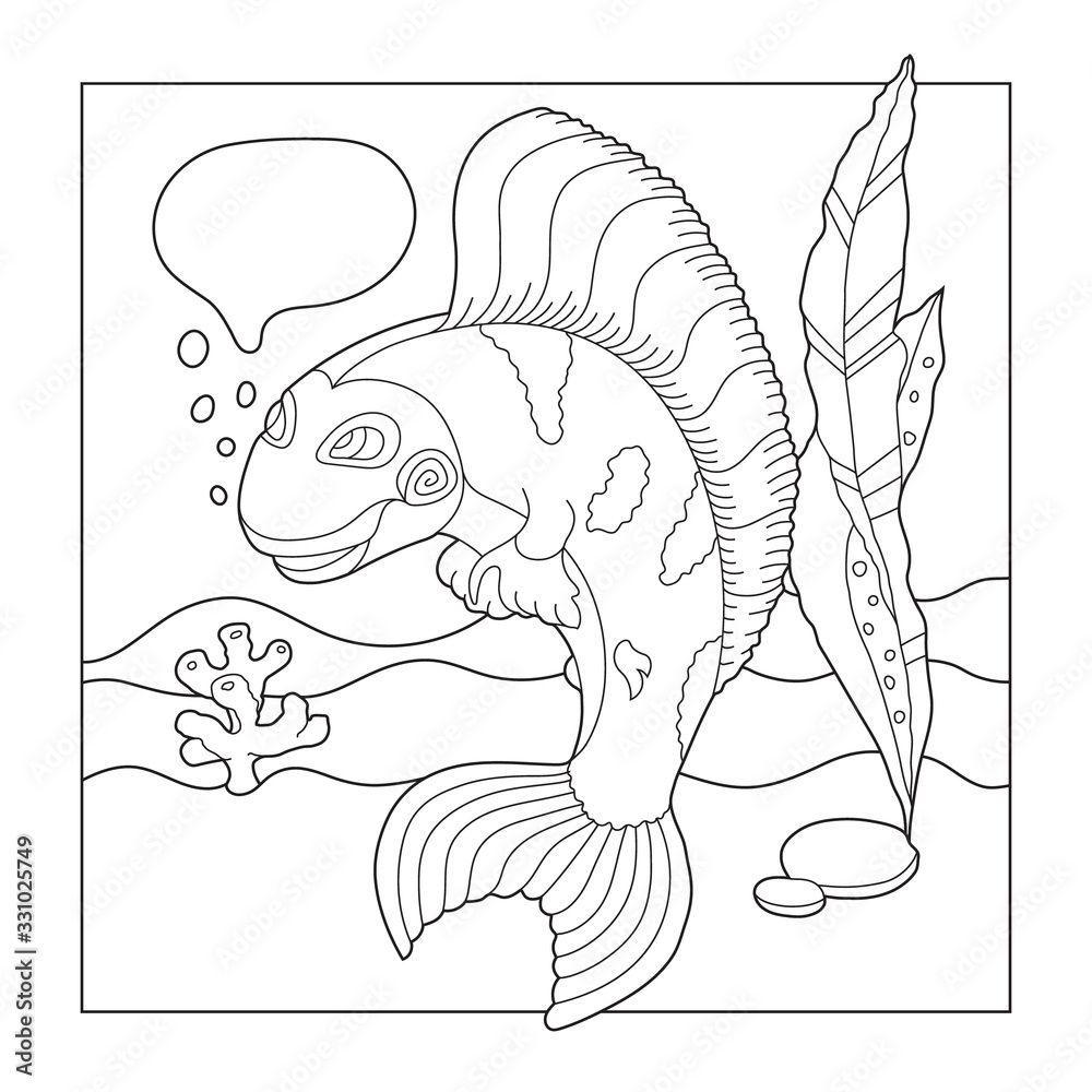 Children's picture coloring. Smiling fish in the sea with speech bubble (space for text). Doodle drawing. Simple outlines isolated on white background. Children's picture coloring. Smiling fish in the sea with speech bubble (space for text). Doodle drawing. Simple outlines isolated on white background.