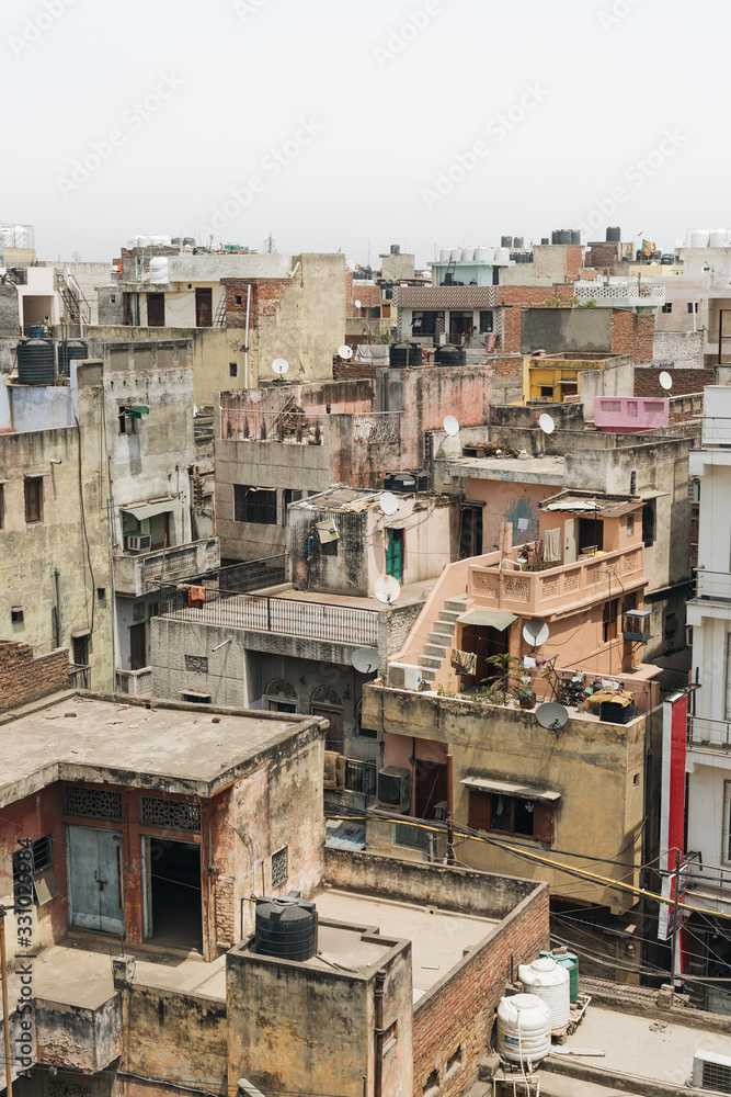 View from rooftop of Indian city Delhi buildings in ruins