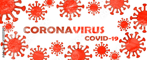 Fototapeta Naklejka Na Ścianę i Meble -  CORONAVIRUS COVID-19 - Frame made of fire red Cartoon Virus isolated on white background, top view with space for text