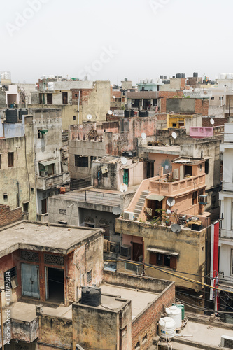 View from rooftop of Indian city Delhi buildings in ruins