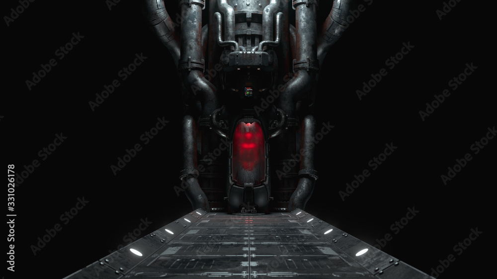 Cryogenic hibernation capsule with a human body inside. Metal bridge to cryo  chamber in empty space in an abandoned sci-fi interior on dark background.  Cryopod with misted glass. 3d illustration. Illustration Stock