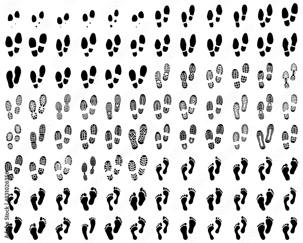 Black prints of human feet and shoes on a white background Black prints of human feet and shoes on a white background