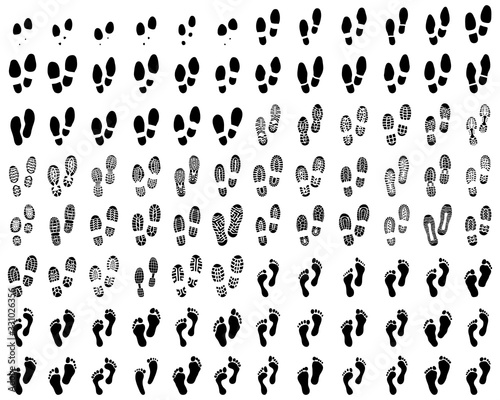 Black prints of human feet and shoes on a white background