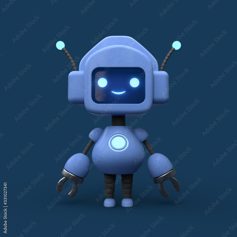 Little cute blue robot with antenna. Friendly kawaii bot with glowing  smiling face on the screen. Lovely Robotic Toy. Concept art of funny  personal assistant robot. 3d illustration on blue background. Stock