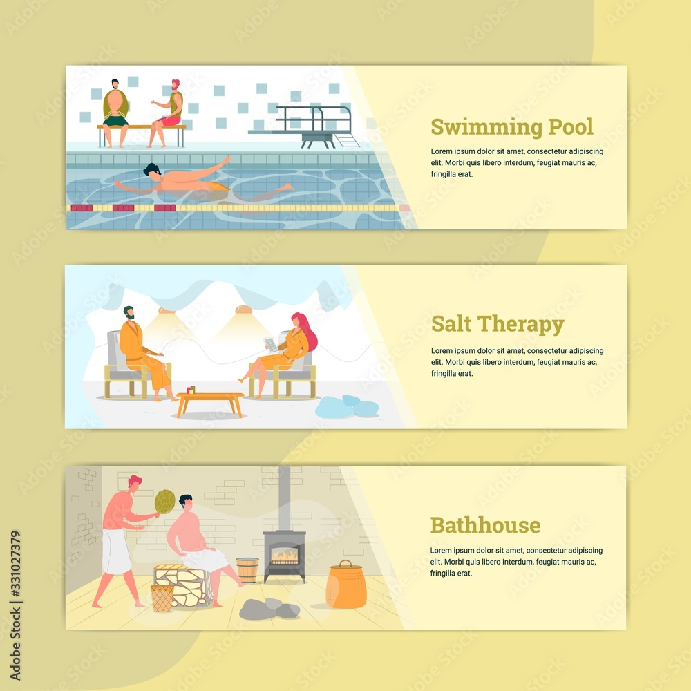 Swimming Pool, Salt Therapy, Bathhouse Banner.