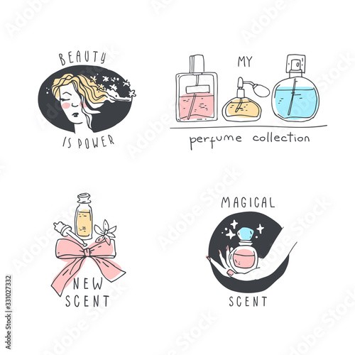 Perfume and cosmetics logo collection. Hand drawn illustrations.